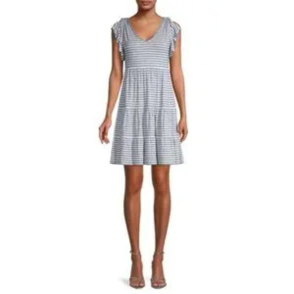 Max Studio dark blue/white striped, tiered, v-neck, flutter sleeve, jersey dress